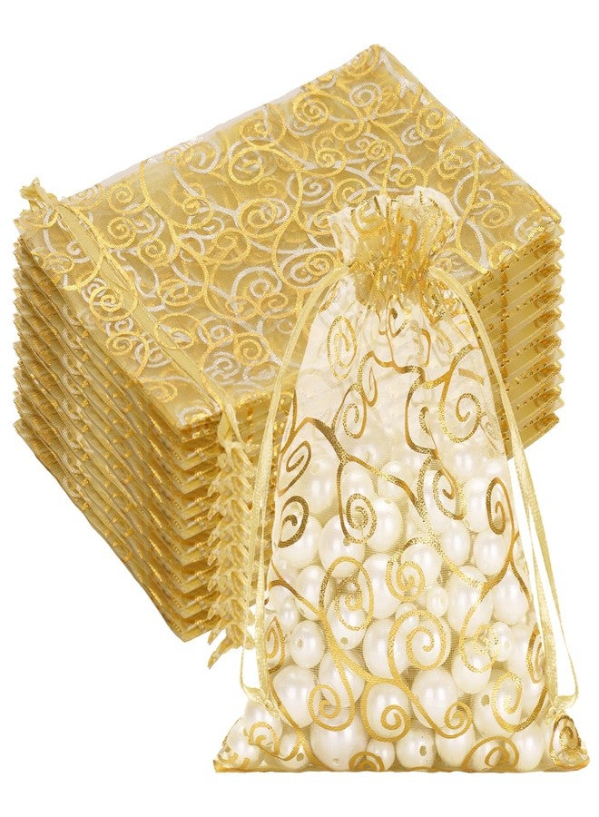 G2PLUS Organza Gift Bags 5x7 Inches - 50Pcs Sheer Mesh Organza Bags with Gold Rattan Printed, Drawstring Tulle Jewelry Pouches for Wedding, Christmas Party Favors - Image 1